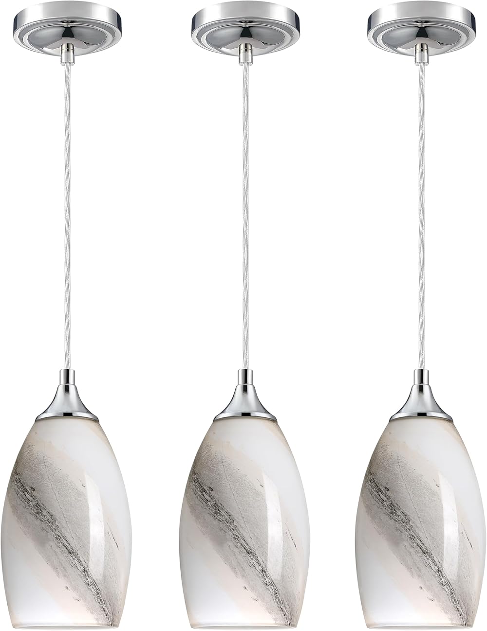 Adjustable 3 Pack 1 Light Indoor Mini Hanging Kitchen Island Pendant Lamps Polished Nickel Finish Handcrafted Marble Glass Chandelier Shade Bar Dining Room Kitchen Island