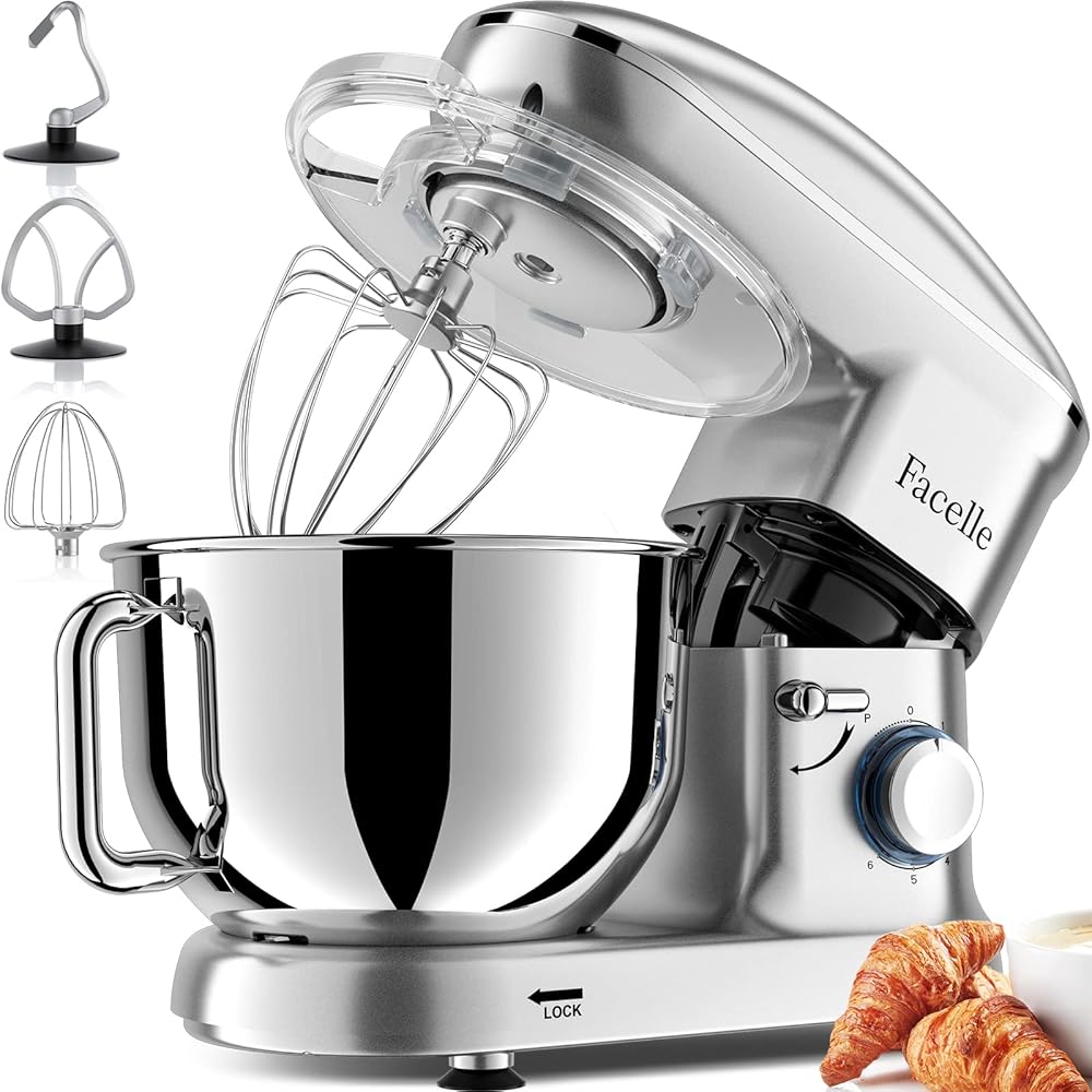 Electric Stand Mixer, Facelle 6 Speed Kitchen Mixer with Pulse Button, Attachments include 6.5QT Bowl, Dishwasher Safe Beater,Dough Hook,Whisk,Splash Guard for Dough,Baking,Cakes,Cookie (Silver)