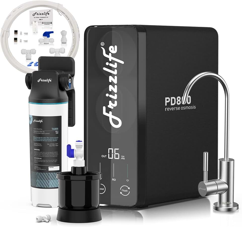 Frizzlife PD800-TAM4 RO Reverse Osmosis Water Filtration System, Alkaline Mineral, with MWT3 Mini Water Tank, with IMC-1 Ice Maker Installation Kit