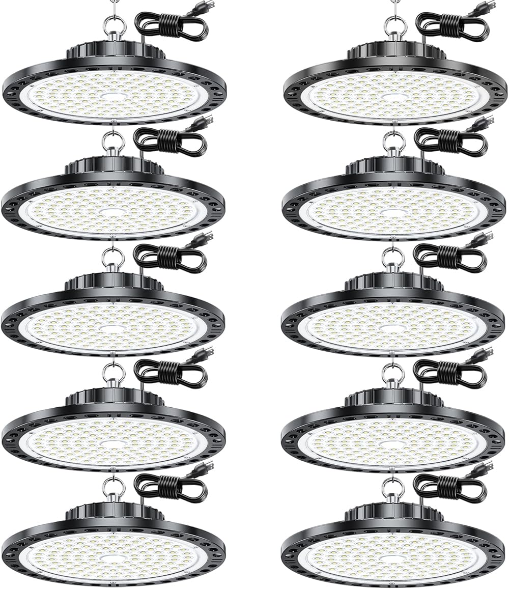 UFO LED High Bay Light - 10PACK 100W 15000LM High Bay LED Light with IP65 Waterproof and US Plug 6.5ft Cord, 7000k Daylight High Bay LED Shop Lights for Construction Site, Warehouse, Factory, Yard