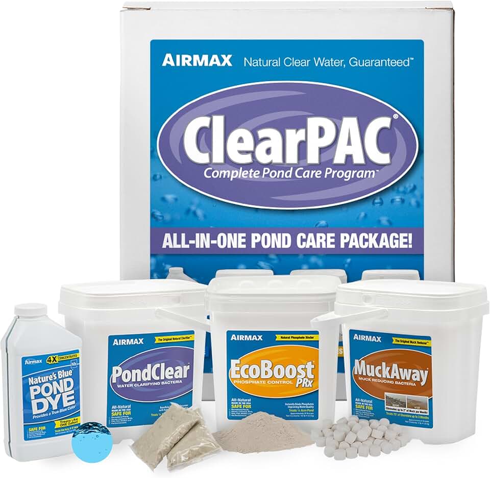 Airmax ClearPAC Plus Complete Pond Maintenance Kit, Natural Water Treatments, Live Beneficial Bacteria Sludge Reducer, Phosphate Control, Pond Dye
