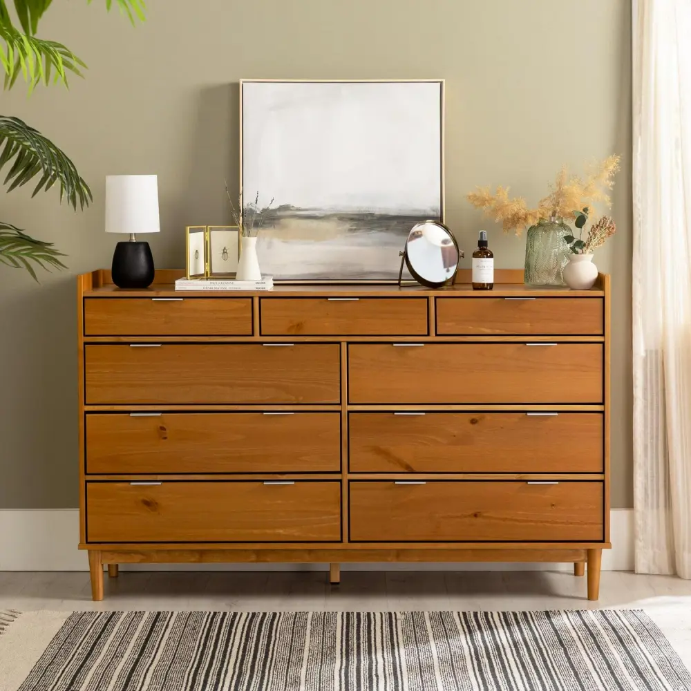 Walker Edison Mid-Century Modern 9-Drawer Wood Dresser, Solid Caramel