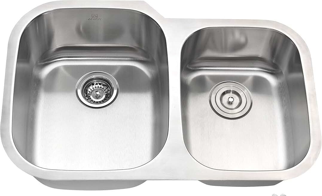 ANZZI Moore 32 Inch 304 Stainless Steel Undermount Double Kitchen Sink with 60/40 Split, 16 Gauge Deep Soak Dual Basin Bowl Kitchen Sink with Bottom Grid, Strainer, and Drain, K-AZ3220-3B