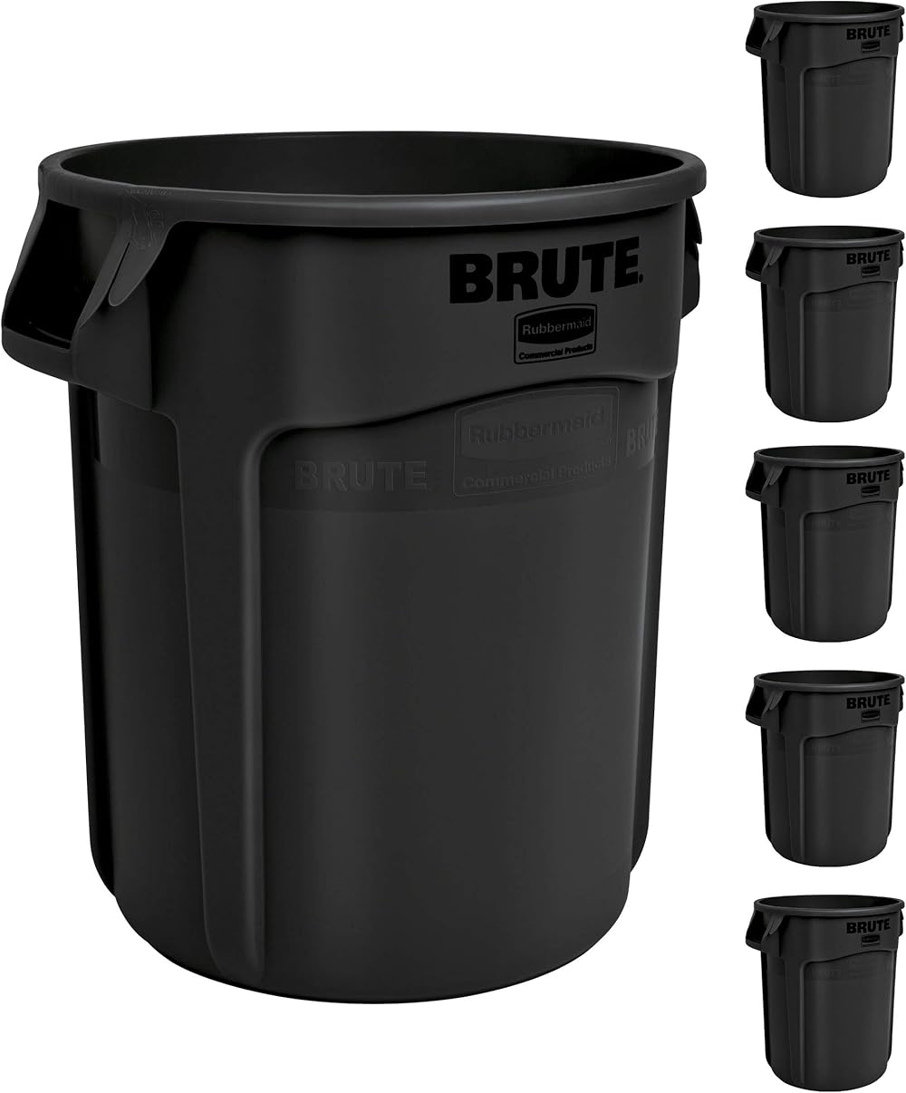 Rubbermaid Commercial Products BRUTE Heavy-Duty Trash/Garbage Can, 20-Gallon, Black, Wastebasket for Home/Garage/Mall/Office/Stadium/Bathroom, Pack of 6