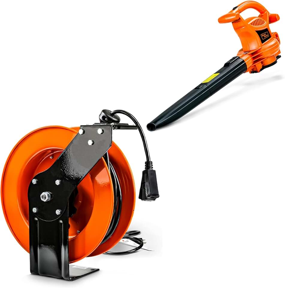 SuperHandy Extension Cord Reel Retractable 12AWG x 80' Foot & 3 in 1 Leaf Blower, Vacuum and Mulcher Electric 120V 12-Amp Corded Debris Duster [Bundle Deal]