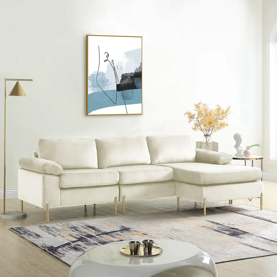 RITSU L-Shape Reversible Velvet Upholstered Sectional Sofa with Chaise Lounge, Corner Couch w/Removable Back and Seat Cushions for Living Room, Home Furniture, Apartment, Dorm, Beige, 51.6Inch