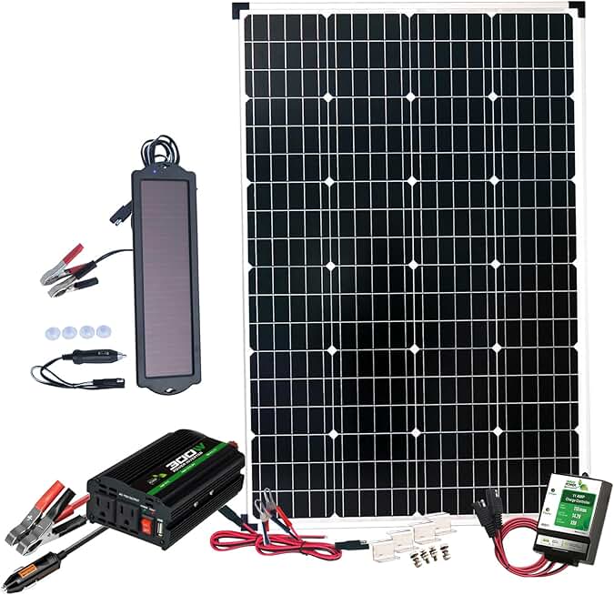 Nature Power 110 Watt Complete Solar Kit with 300 Watt Power Inverter, 11 Amp Charge Controller and Bonus 1.5 Watt Solar Battery Trickle Charger