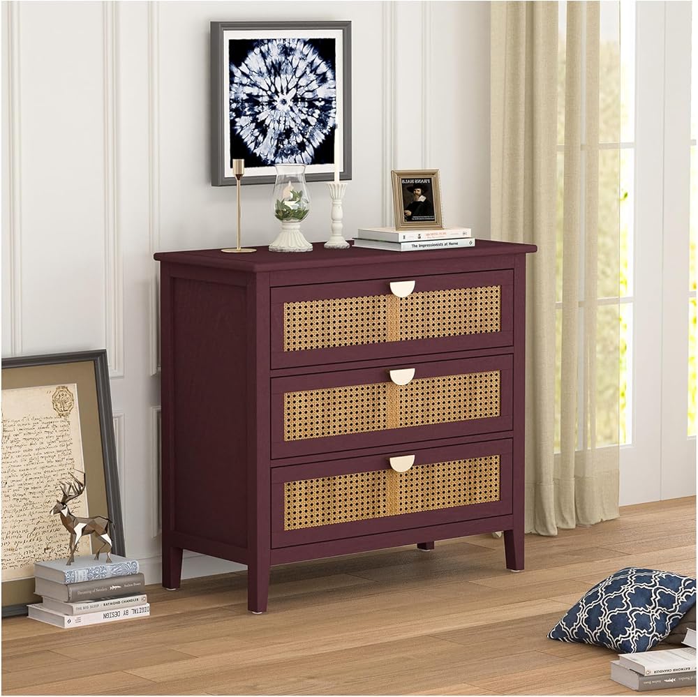 3 Drawer Cabinet Storage Cabinet Coffee Bar Cabinet Accent Cabinet Sideboard Kitchen Cabinet,Natural Rattan,American Furniture,Suitable for Bedroom, Living Room, Study (red)
