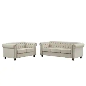 Morden Fort Linen Couches for Living Room Sets, Loveseat and Sofa 2-Pieces Top Beige