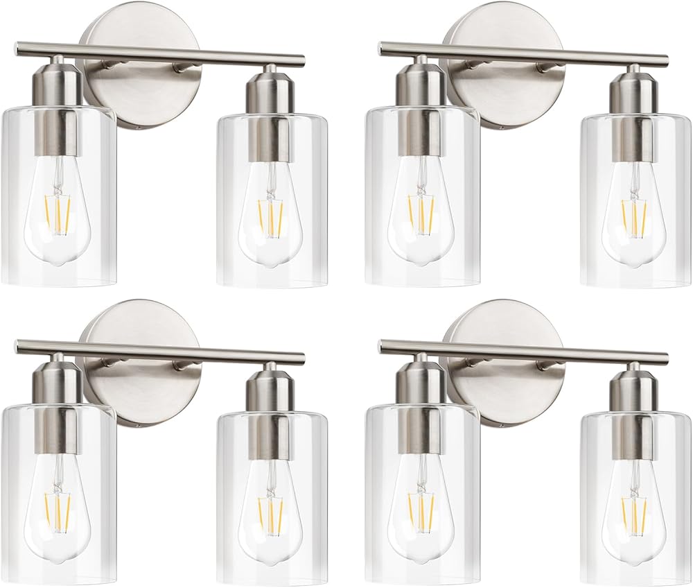 4 Pack Bathroom Light Fixtures, 2-Light Brushed Nickel Vanity Lights for Bathroom, Modern Bathroom Lighting Fixtures Over Mirror with Clear Glass Shade, Wall Sconce Lighting for Bedroom Living Room