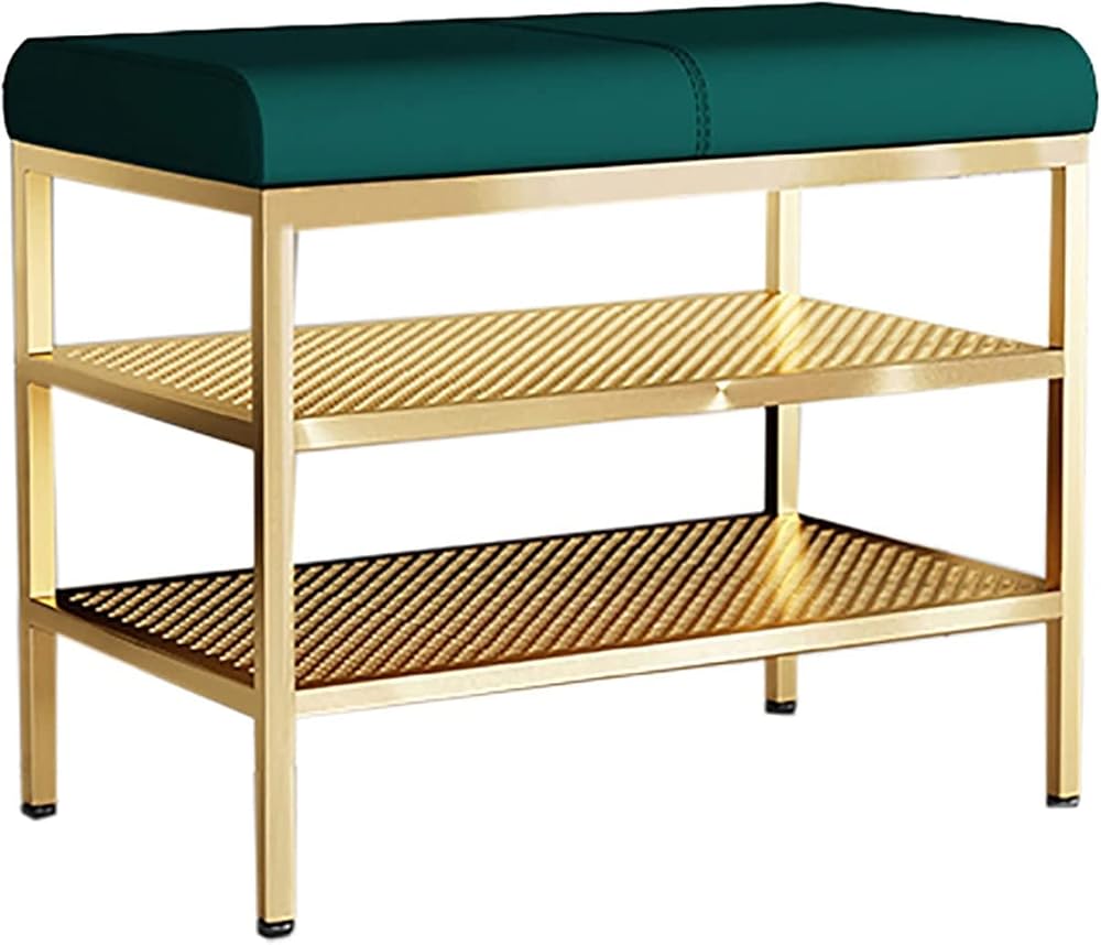 Shoe Storage Bench Entryway Hallway Furniture, 2 Tiers Storage Bench with Metal Frame, Shoe Rack with Cushion Seating Foot Pad Design, for Entryway Bedroom Living Room(60 * 32 * 47 cm)