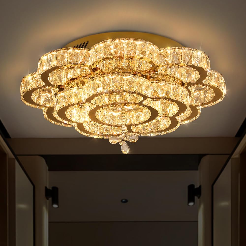 W24'' Gold Crystal Chandeliers Crystal Ceiling Light Fixtures LED Flush Mount Light for Living Room Bedrooms Dining Room Dimmable 2700k 4500k 6000k