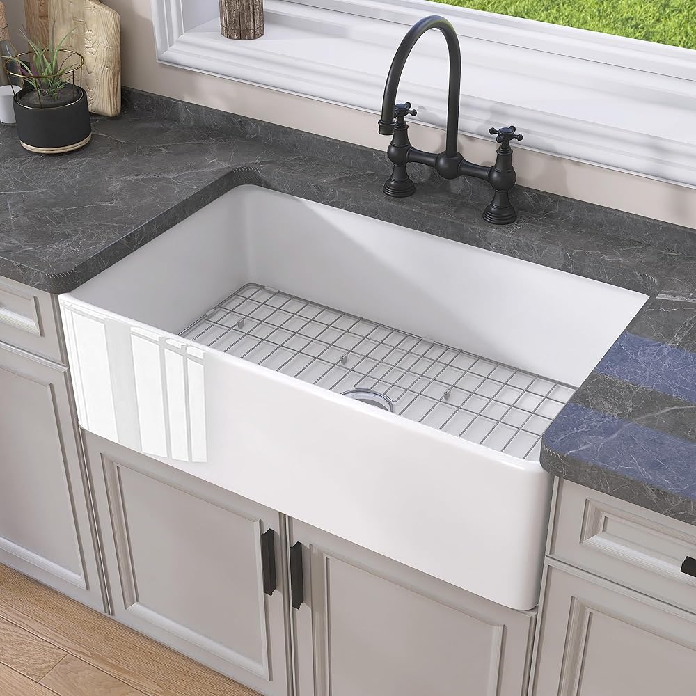 GETPRO Farmhouse Sink 30 Inch Fireclay White Kitchen Sink Apron Front Farm Sink Large Deep Single Bowl Kitchen Sink Undermount Modern Farmer Sink with Accessories