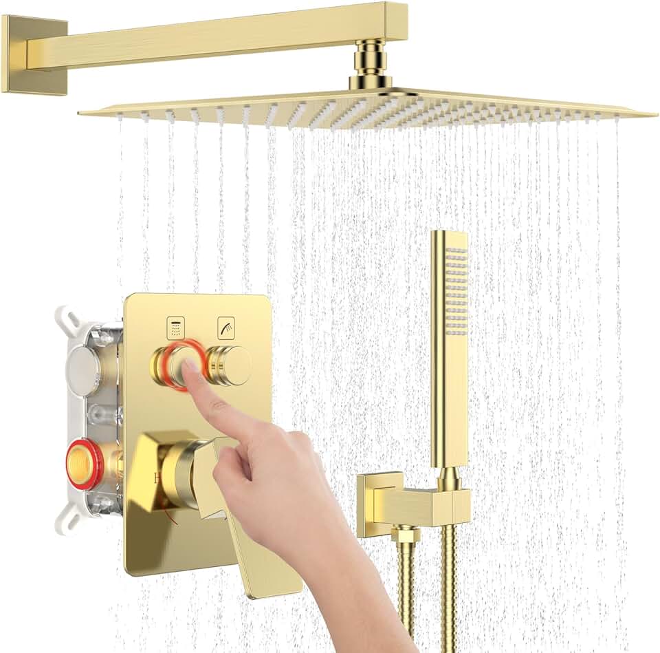 Iriber Brushed Gold Shower System Wall Mount with 12 Inch Rain Shower Head and Handheld Bathroom Champagne Bronze Shower Set Contain Shower Faucet Mixer Trim Kit (Valve Included)