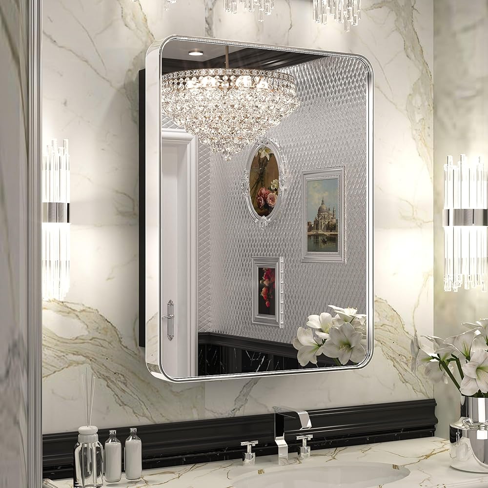 20 x 26 Inch Chrome Bathroom Medicine Cabinets with Mirror Stainless Steel Framed Single Door Rounded Rectangle Modern Recessed Wall Mount Metal Small Silver Mirrored Bathroom Storage Cabinet