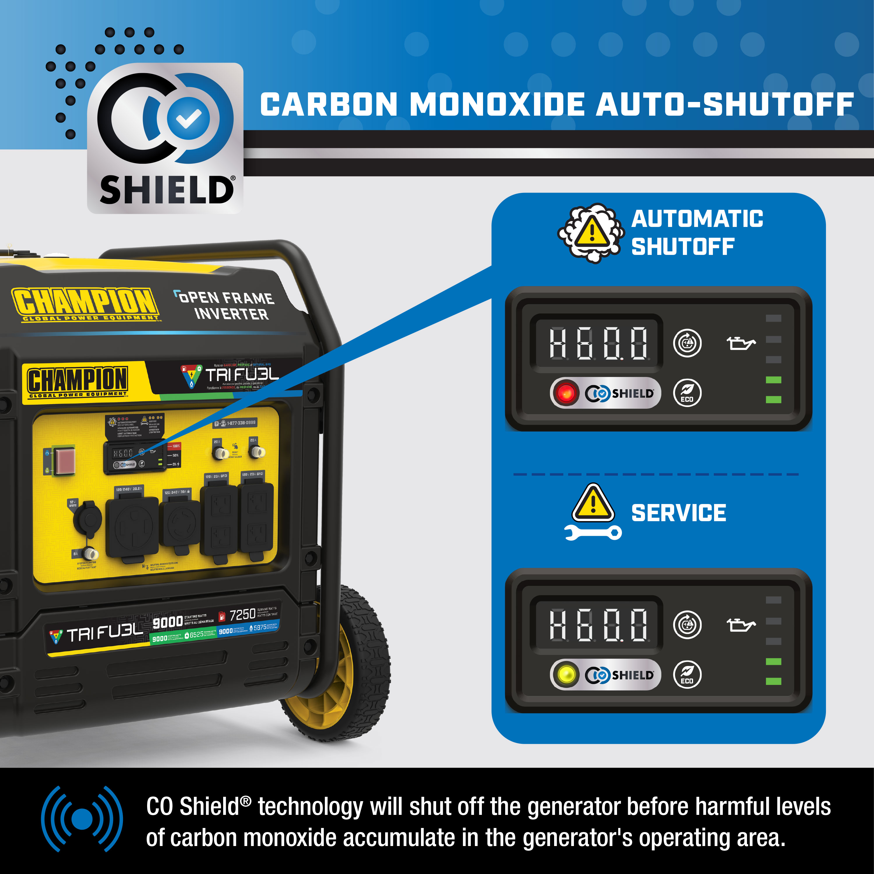 Champion Power Equipment 9000-Watt Tri-Fuel Open Frame Inverter Generator with CO Shield®