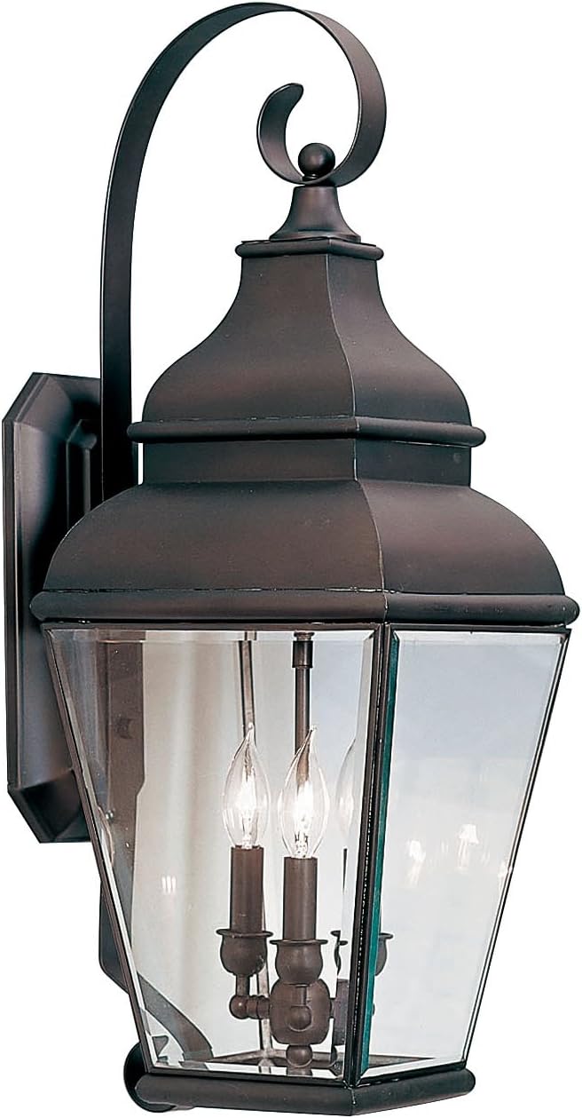 2593-07 Exeter 3 Light Outdoor Bronze Finish Solid Brass Wall Lantern with Clear Beveled Glass