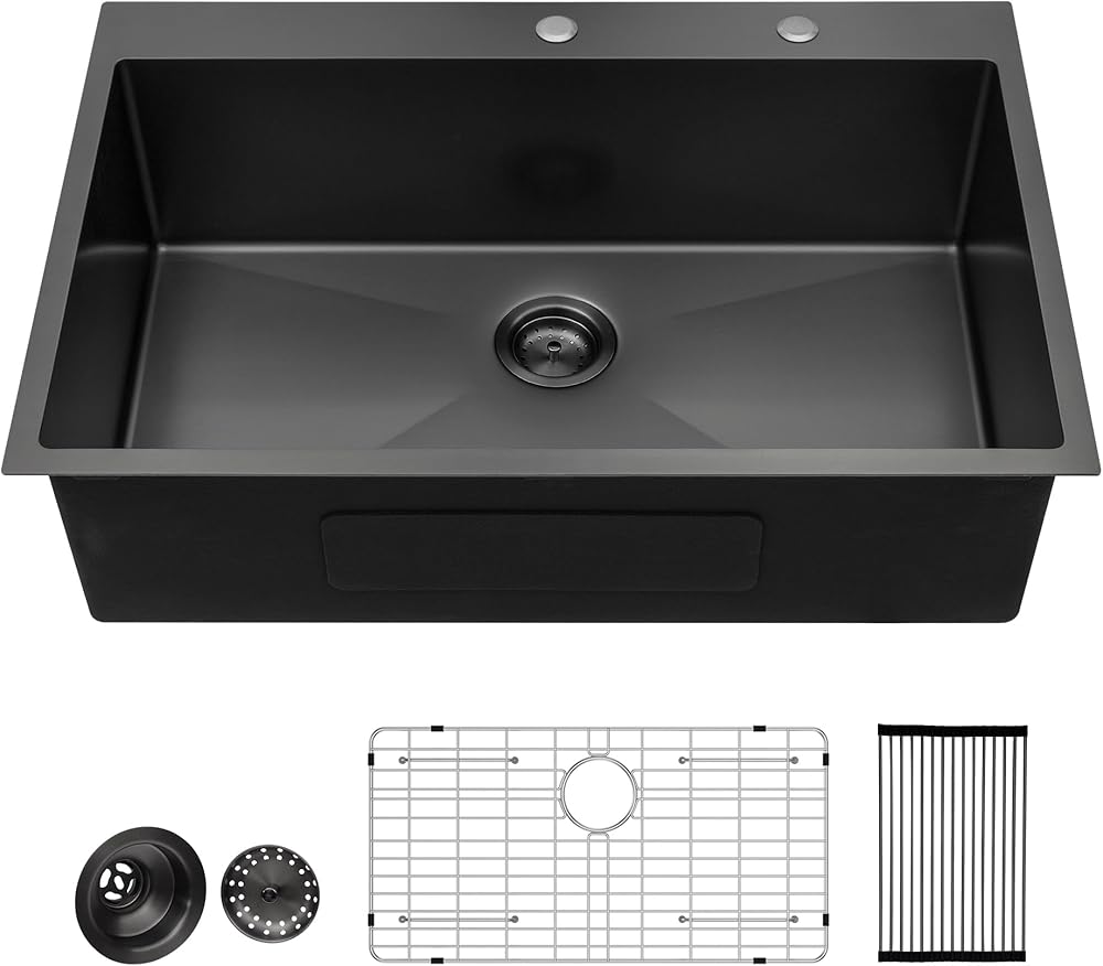 33 Black Drop In Kitchen Sink - 33x22 Inch Stainless Steel Single Bowl Topmount Gunmetal Black Sink 16 Gauge Deep Handmade Drop Kitchen Sink Basin Round Corner