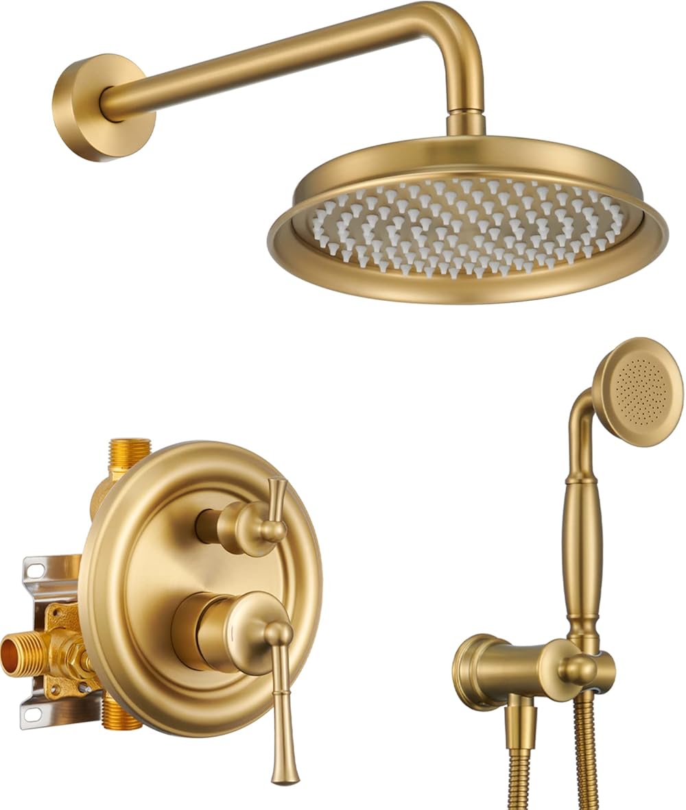 Shower System Trim Kit, Brush Gold 2-in-1 Function Showering mode, Rough-in Balance Pressure Valve Included, 360° Swivel 9'' Shower Head & Brass Rainfall Handheld Shower For Bathroom(B2312-BG)