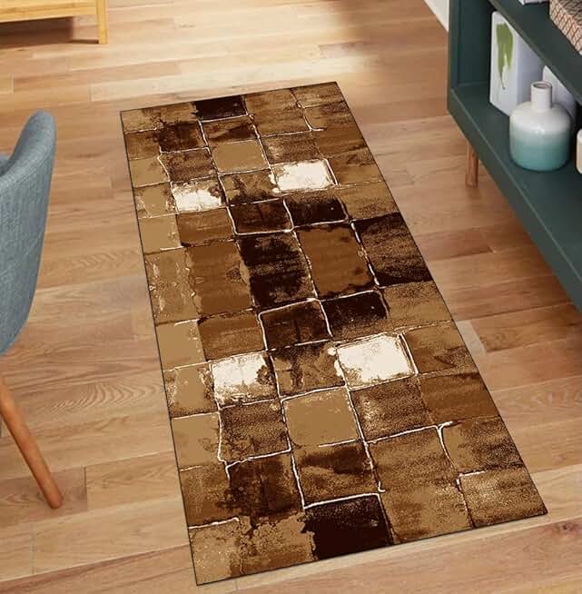 Runner Rug for Kitchen Hallway Abstract Brown Non Slip 3'7