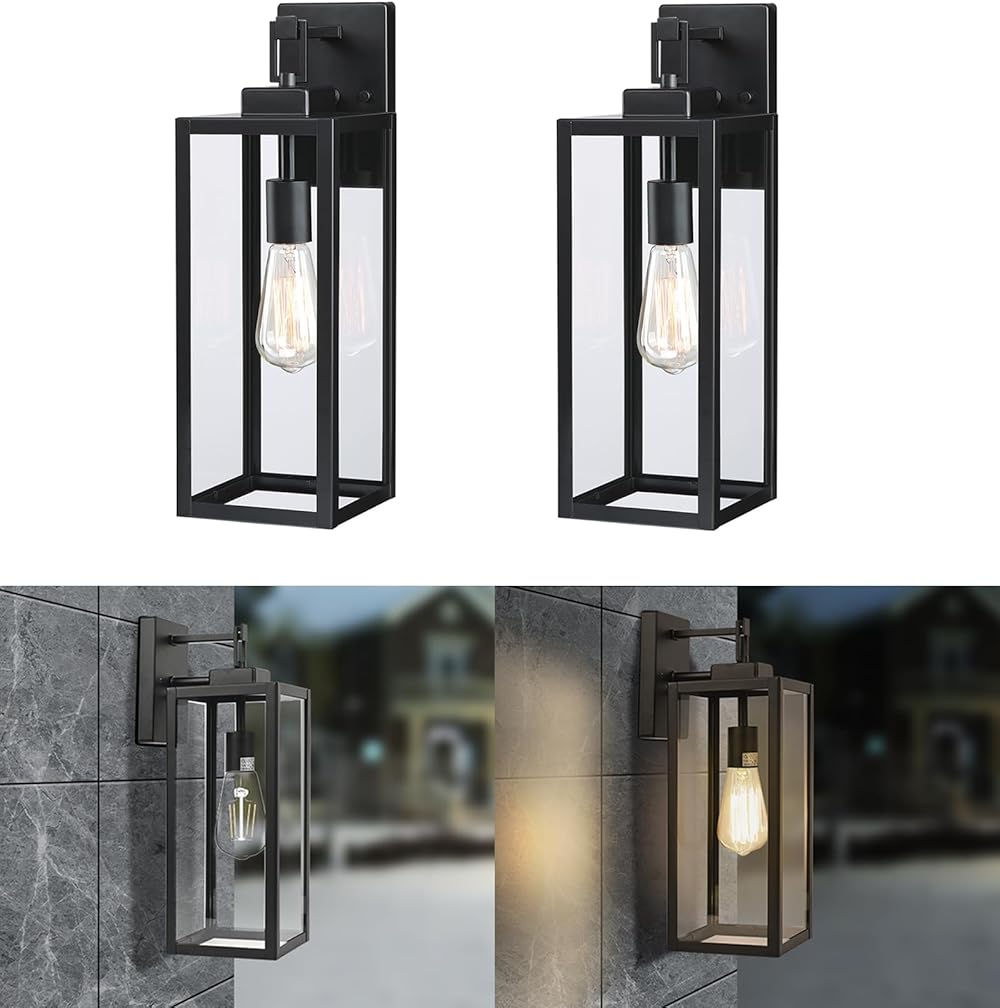 2 Pack Outdoor Wall Lantern, 18 Inch Wall Sconce Light Fixture, Outdoor Large Size Wall Mount Light Fixture with E26 Socket, Waterproof Outdoor Porch Light Fixture with Glass Shade, Matt Black