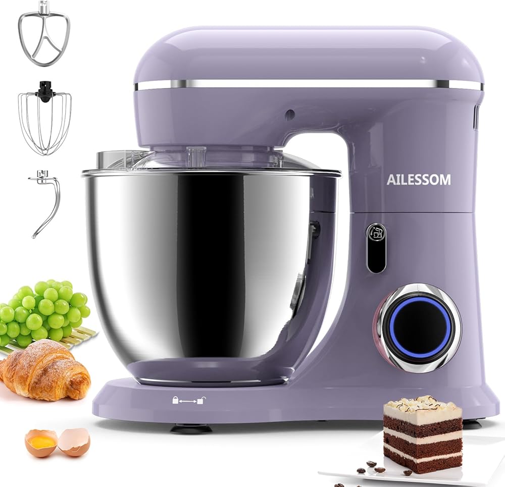Ailessom Stand Mixer,6.5-QT 660W 10-Speed Tilt-Head Food Mixer, Kitchen Electric Mixer with Bowl, Dough Hook, Beater, Whisk for Most Home Cooks, (6.5QT, Vine Purple）…, 1533P