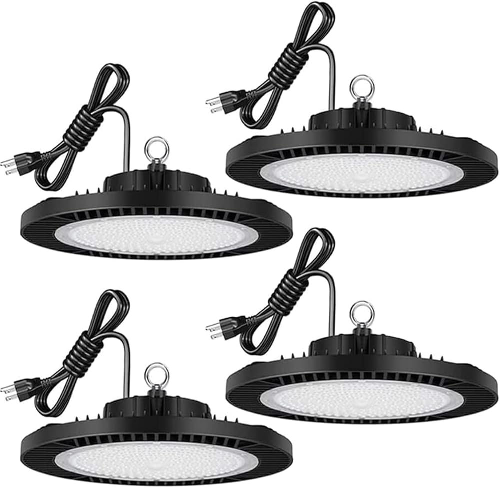 UFO LED High Bay Shop Light 200W with US Plug ETL Listed Durable Power Adapter 5000K Daylight Commercial Bay Lighting for Garage Barn Warehouse Workshop Area Light (4 Pack)