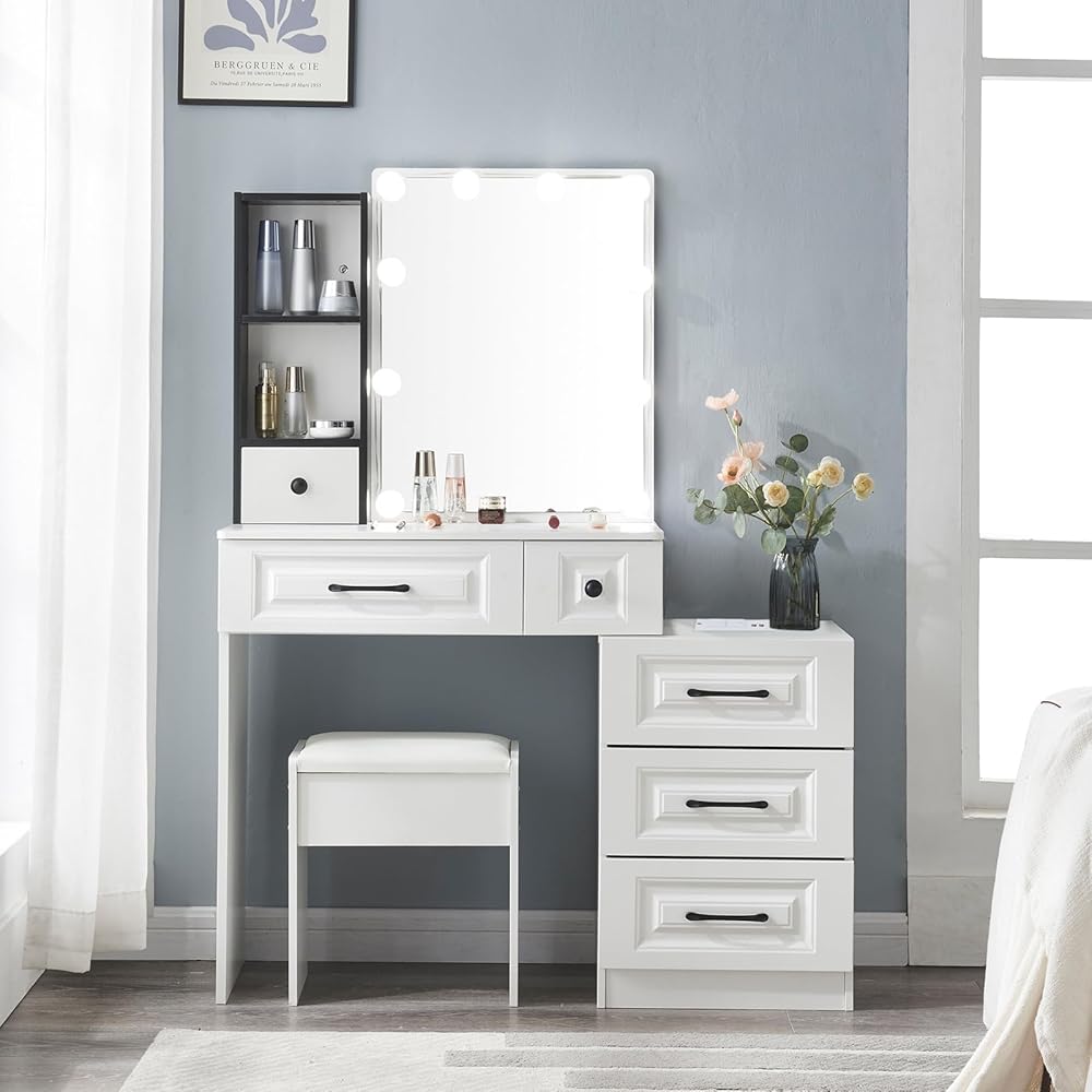 Vanity Set with LED Light & Power Strip, 2024 Latest Model Makeup Table with 6 Drawers and Black Shelf, Vanity Table with Storage Drawers for Valentine's Day