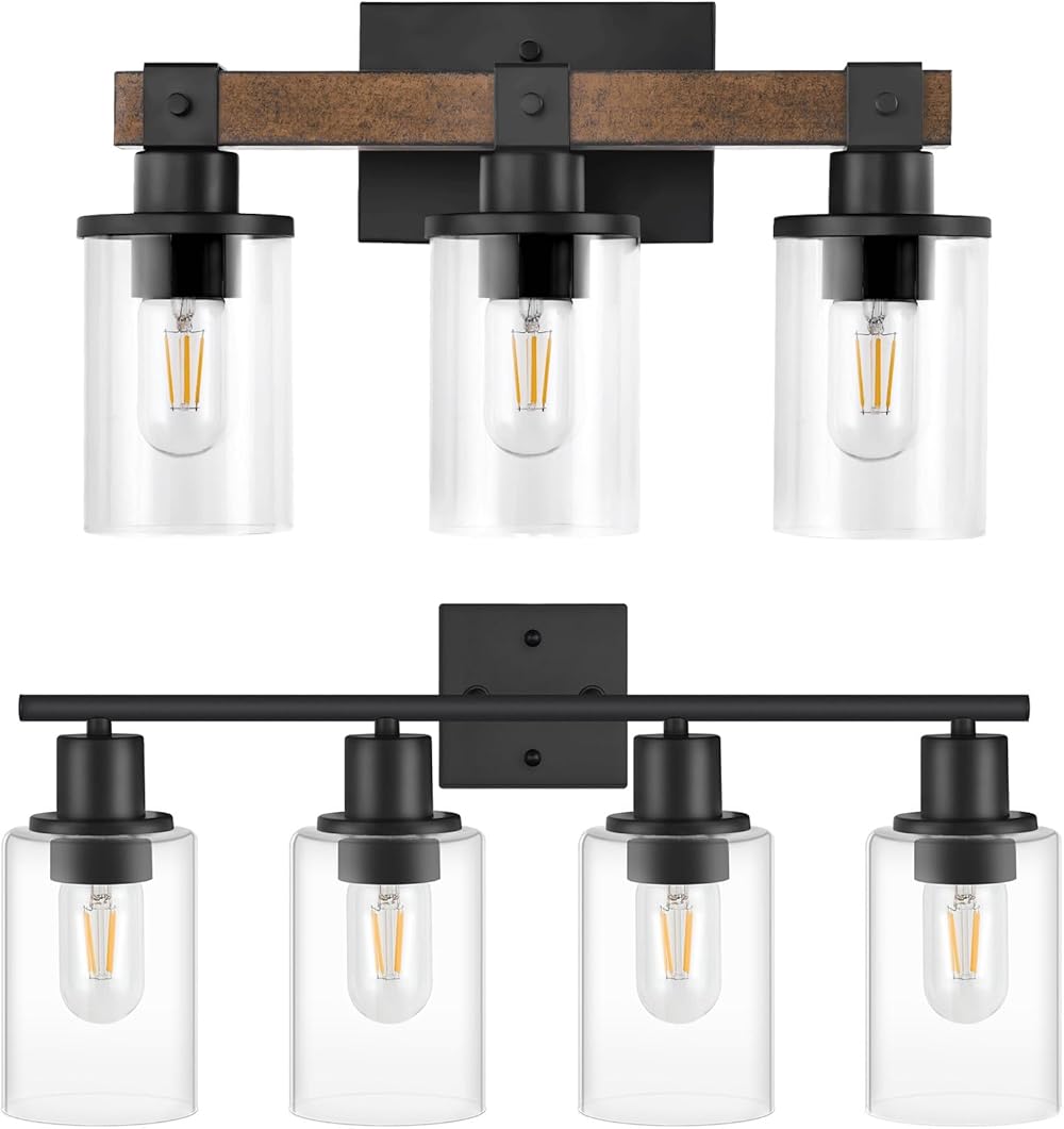 3-Light Bathroom Light Fixture and 4-Light Black Vanity Light Bundle F08BD05-B04BD05