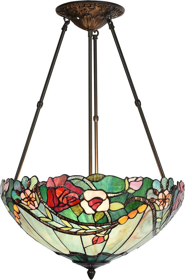Bieye L10741 Rose Flower Tiffany Style Stained Glass Ceiling Pendant Light with 18-inch Wide Lampshade, 3 Lights
