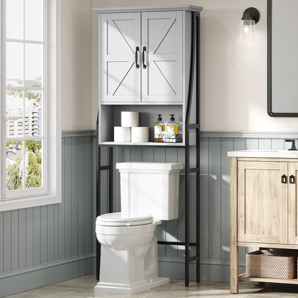 Over The Toilet Storage Cabinet, Over Toilet Bathroom Organizer with Barn Doors above Toilet Storage Cabinet Spacesaver Rack Behind Toilet Bathroom Organizer Over The Toilet Storage (Gray)