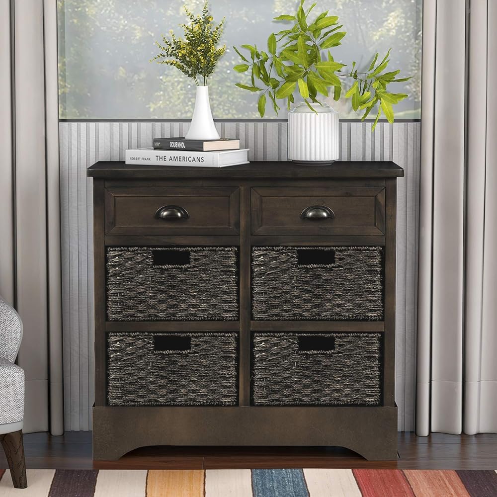 Merax Brown Morden Farmhouse Wood Storage Cabinet with Four Classic Rattan Basket Buffet Sideboard Brownrd for Kitchen/Dining Entryway/Living Room Light Grey, One