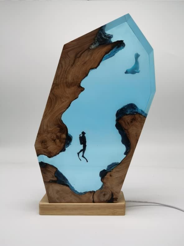 Cave Dolphin White Diver Resin Ornament Wood, Decorations Marine Art Night Light Desk Lamp, Ocean Theme Diorama, Whale Lamp Decoration, Ocean Lamp, Diver Lamp (12x6 inch)
