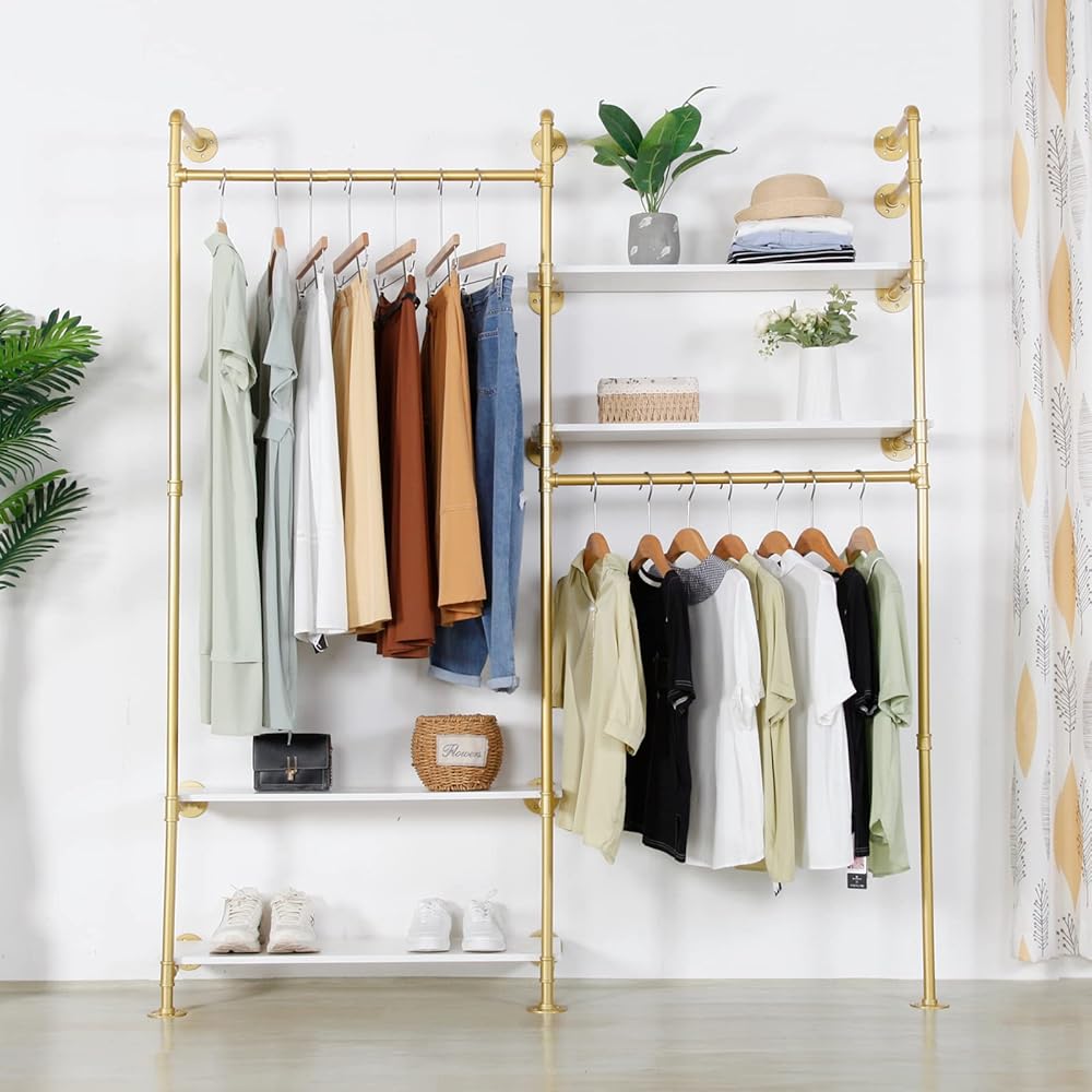 Gold Clothing Rack Heavy Duty Garment Rack with 4 Tier Shelves, Free-Standing Industrial Pipe Clothes Rack Display Rack On Wall for Hanging Clothes Retail Display, Boutiques