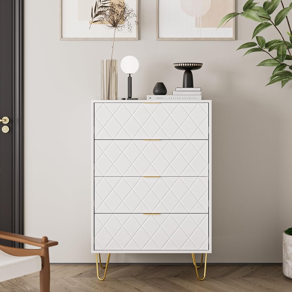 4 Drawer Dresser, Drawer Chest, Tall Storage Dresser Chest Cabinet Organizer Unit with Metal Legs, Small Dresser for Bedroom, Living Room, Closet, Hallway White Diamond