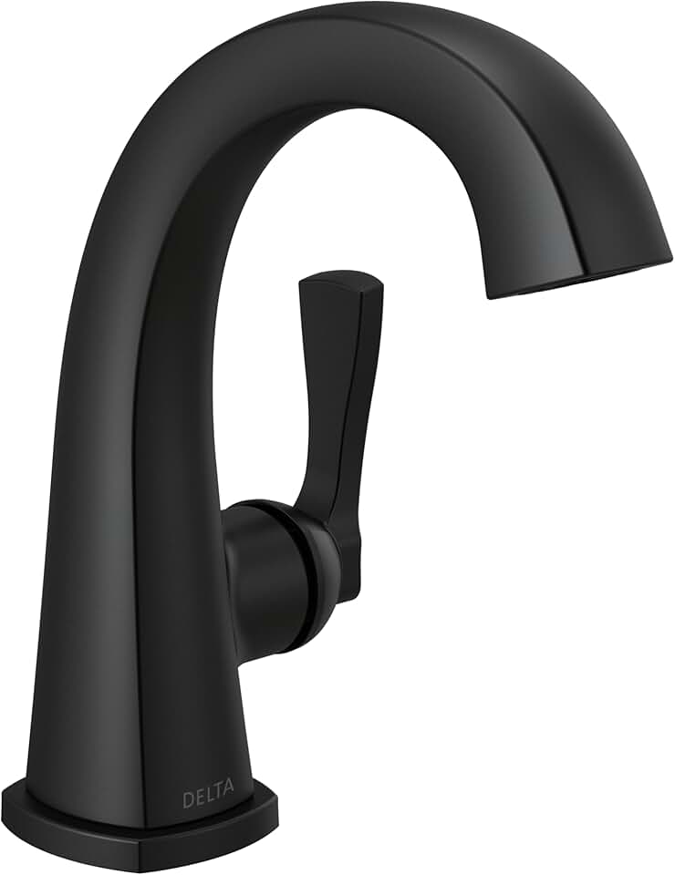 Delta Faucet Stryke Single Hole Bathroom Faucet, Black Single Handle Bathroom Faucet, Bathroom Sink Faucet, Delta Matte Black Bathroom Faucet, Metal Push Pop-Up Drain, Matte Black 577-BLMPU-DST