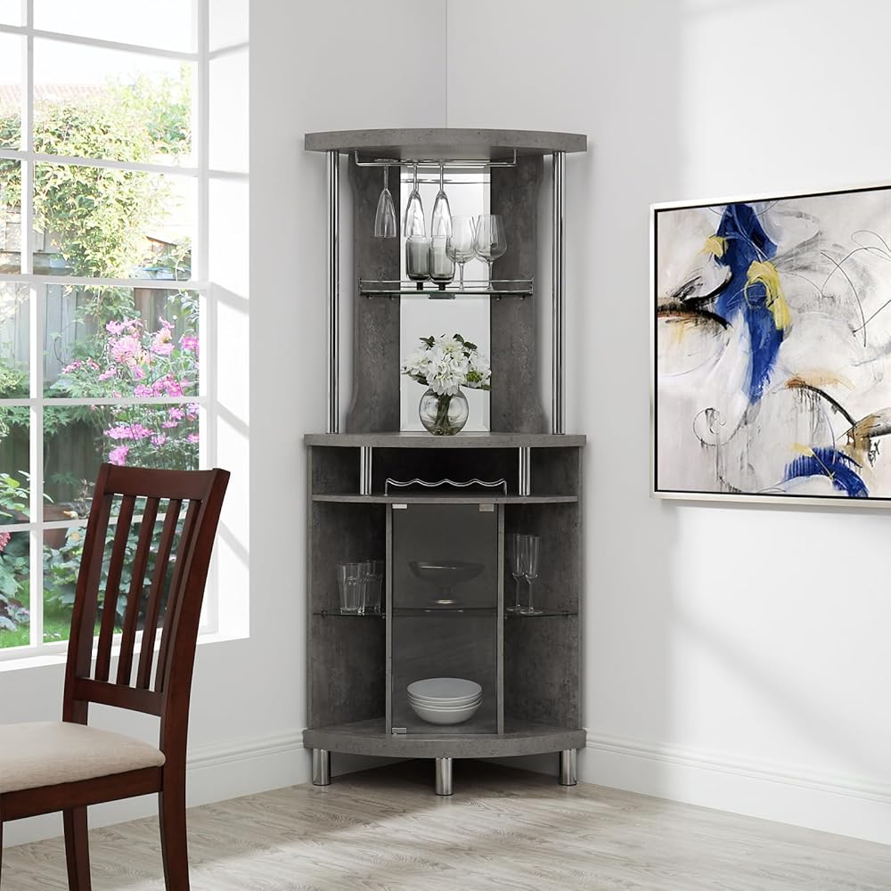 Home Source Wood Bar Corner Cabinet, Wine Rack, Lower Cabinet with Glass Doors, Rustic Liquor Corner Hutch for Kitchen, Living Room and Other Small Space,Concrete