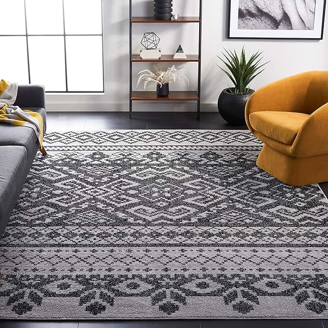 SAFAVIEH Adirondack Collection Area Rug - 9' x 12', Silver & Black, Rustic Boho Design, Non-Shedding & Easy Care, Ideal for High Traffic Areas in Living Room, Bedroom (ADR107A)