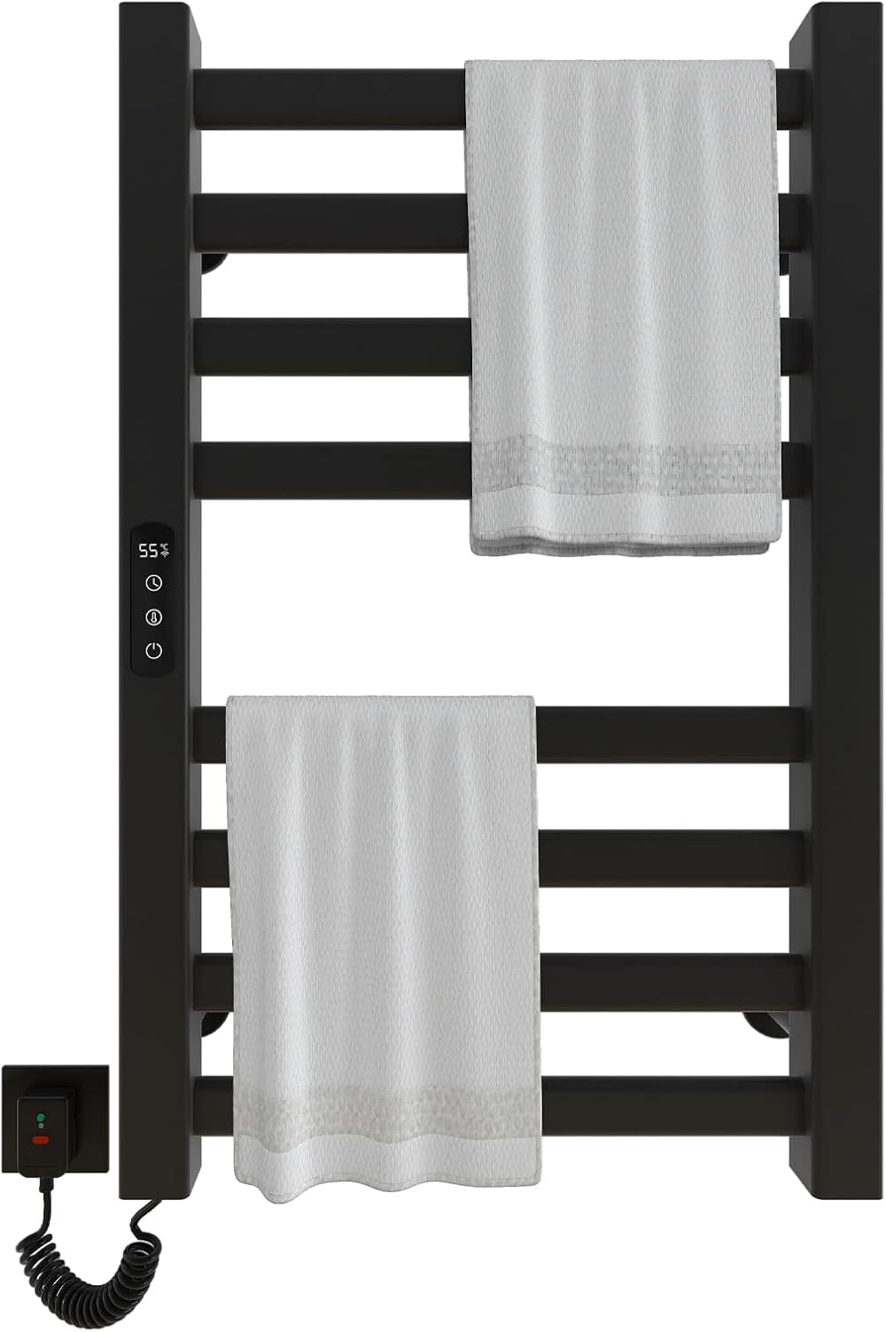 Heated Towel Rack, WiFi Towel Warmer Rack, Heated Towel Racks for Bathroom, 200W, 17.7 x 27.5 in, 1-9H Timing, 86-158°F, Wall Mounted, with Intelligent Touch Screen Timer, US Plug-WiFi Black Left