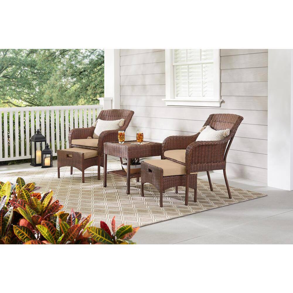 Hampton Bay Cambridge 5-Piece Brown Wicker Outdoor Patio Conversation Seating Set with Sunbrella Beige Tan Cushions