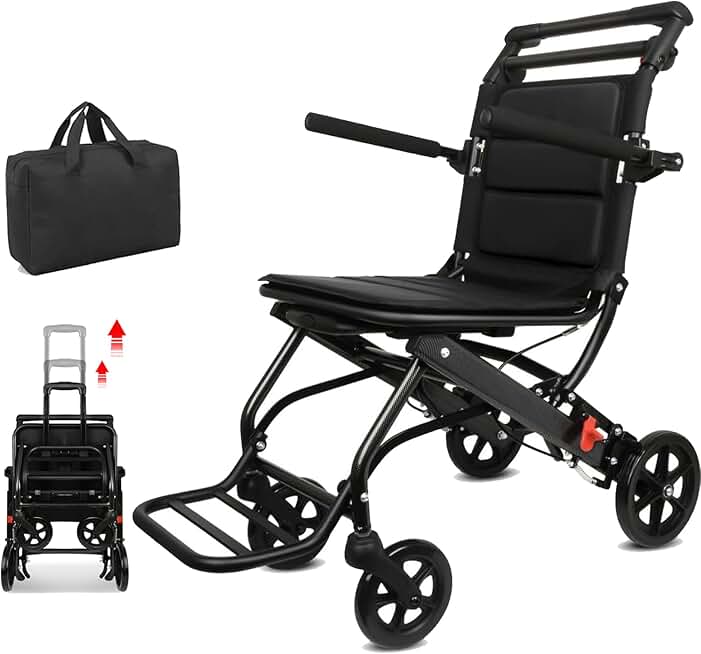 Portable Wheelchair Lightweight Folding, with Telescopic Handle, Lightweight Transport Wheelchair, Only 15lbs, Carry Bag Include
