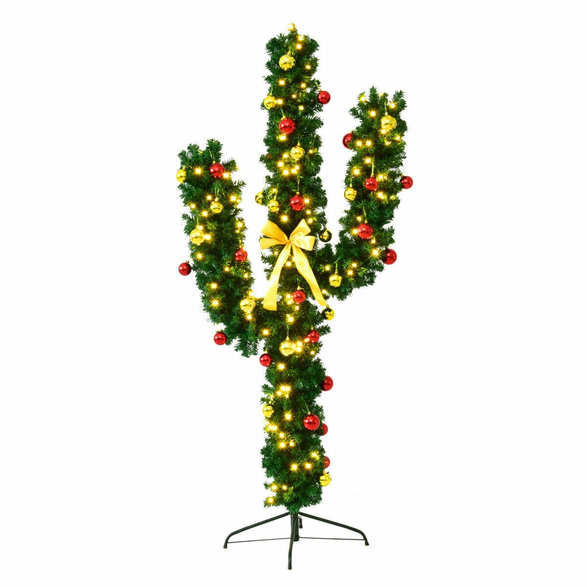 5Ft/6Ft/7Ft Pre-Lit Cactus Artificial Christmas Tree w/LED Lights and Ball Ornaments
