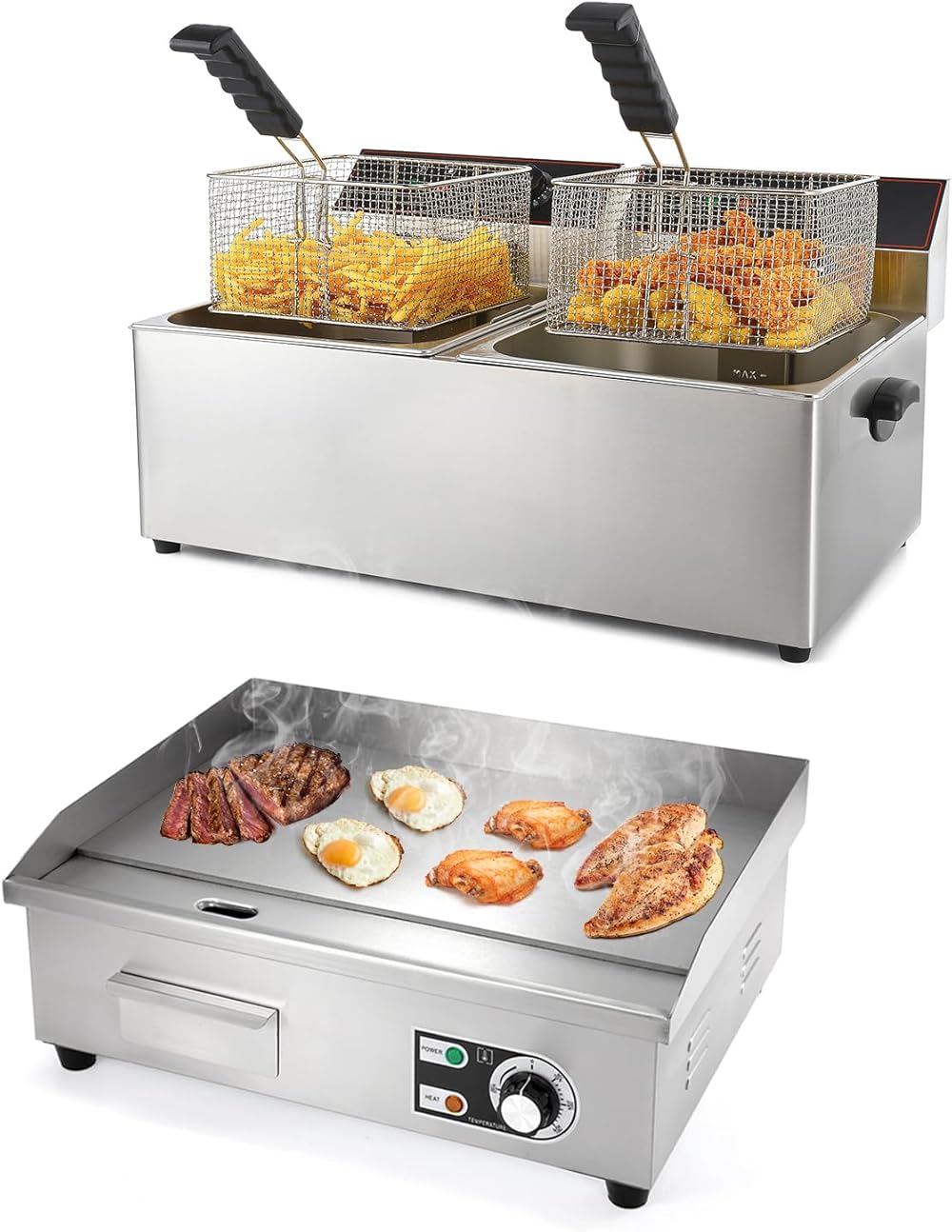 WICHEMI 4000W 11.6QT/11L x 2 Commercial Deep Fryer with Baskets and Lids. Electric Griddle 22