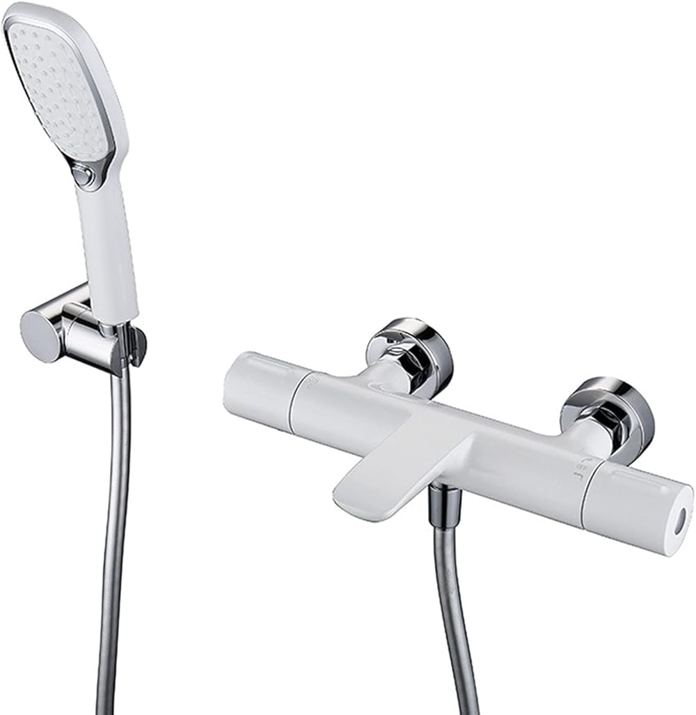 Bathtub Faucet Set, Wall-Mounted 38℃ Thermostatic Shower Faucet, Copper Bathroom Hot And Cold Water Mixer Tap, Spray Gun Shower Head, Lengthened Faucet,White