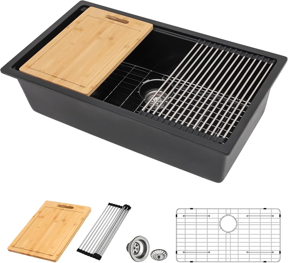 32 Granite Composite Kitchen Sink - Donsdey 32 Inch Kitchen Sink Undermount Granite Composite Ledge Workstation Matte Black Quartz Classic Under Counter Single Bowl Sink Basin