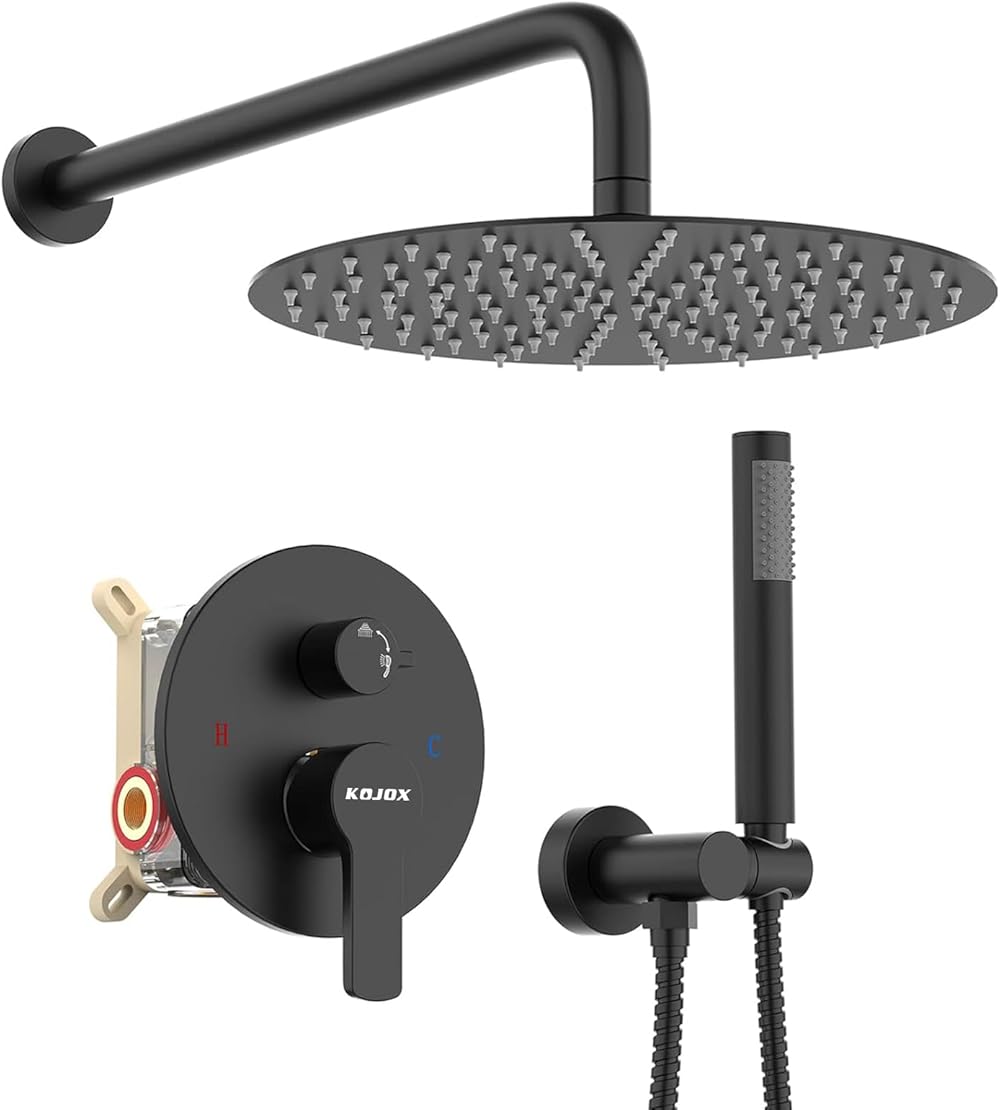12-Inch Matte Black High-Pressure Shower System: Complete Set with Rainfall & Handheld Shower Heads, Wall-Mounted Mixer Faucet, Rough-In Valve, & Trim Kit for Bathroom
