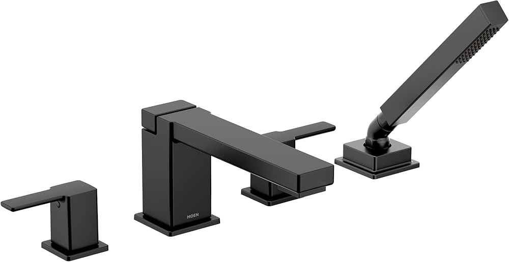 Moen TS914BL 90 Degree Two-Handle Deck Mount Roman Tub Faucet Trim Kit with Handshower, Valve Required, Matte Black
