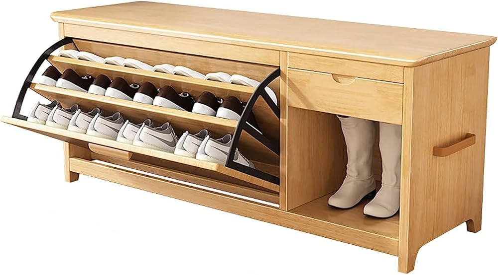 Shoe Storage Bench Entryway Hallway Furniture, 3-Tier Shoe Rack Bench Solid Wood Shoe Organizer with Shelves and Drawer Storage, Indoor Storage Chest, Bed End Stool(B,80CM)
