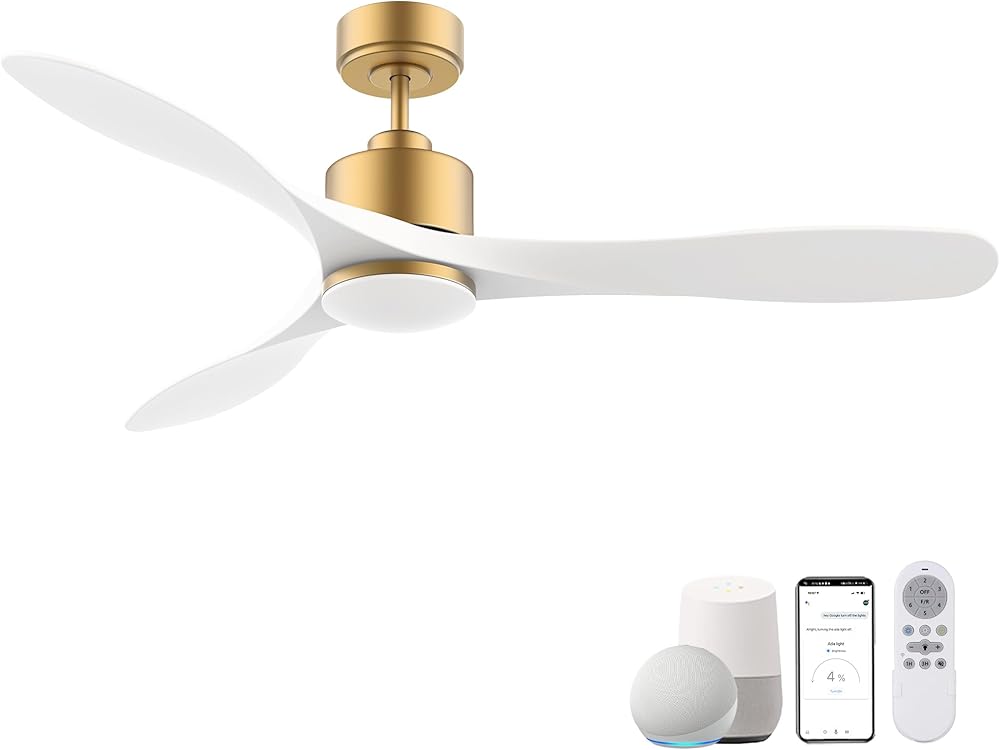 52” Smart Gold White Ceiling Fans with Lights and Remote, Quiet DC Motor,High CFM,Control with WIFI Alexa APP,Modern Indoor outdoor Ceiling Fans with Dimmable LED Light for Bedroom Patio Porch
