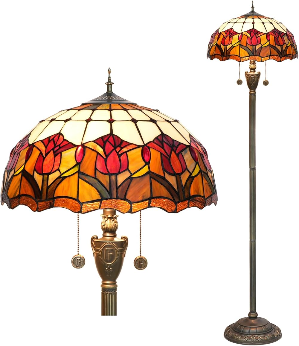 Tiffany Floor Lamp Red Tulip Style Stained Glass lamp for Living Room Bedroom Office Bright Lighting Rustic Corner Deco Standing Tall Unique Vintage Reading Unique Bronze Reading Aesthetic